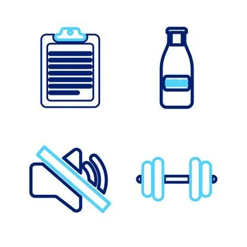 Set line Dumbbell, Speaker mute, Glass bottle milk and cap and Clipboard with Ilustración de archivo