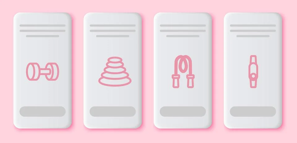 Set line Dumbbell, Stack hot stones, Jump rope and Smartwatch. White rectangle Stock Illustration