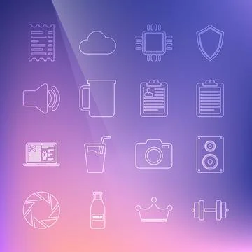 Set line Dumbbell, Stereo speaker, Clipboard with document, Processor CPU Stock Illustration