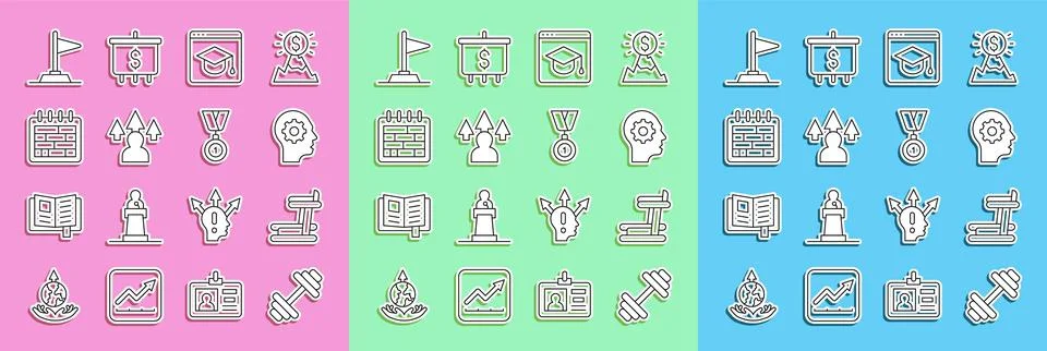 Set line Dumbbell, Treadmill machine, Human head with gear inside, Online Stock Illustration