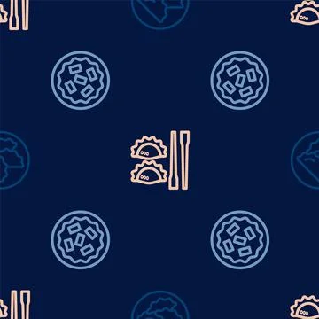 Set line Dumpling, Homemade pie and with chopsticks on seamless pattern. Vect Stock Illustration