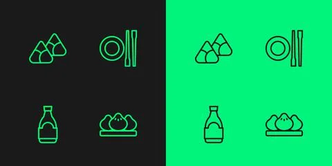 Set line Dumpling, Soy sauce bottle, Zongzi bamboo steamer and Food chopsticks Stock Illustration