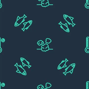 Set line Dust, Fish and Medical digital thermometer on seamless pattern. Vector Stock Illustration