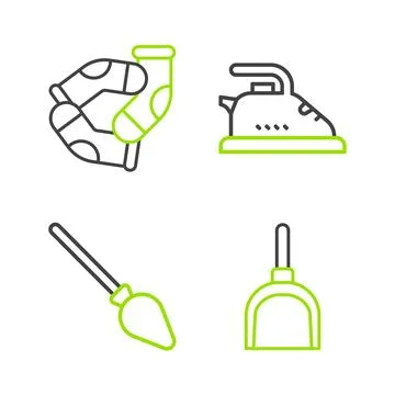 Set line Dustpan, Handle broom, Electric iron and Socks icon. Vector Illustration