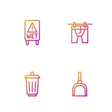 Set line Dustpan, Trash can, Wet floor and Drying clothes. Gradient color icons Ilustración de archivo