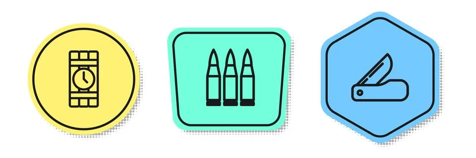 Set line Dynamite and timer clock, Bullet and Swiss army knife. Colored shapes Illustrazione stock