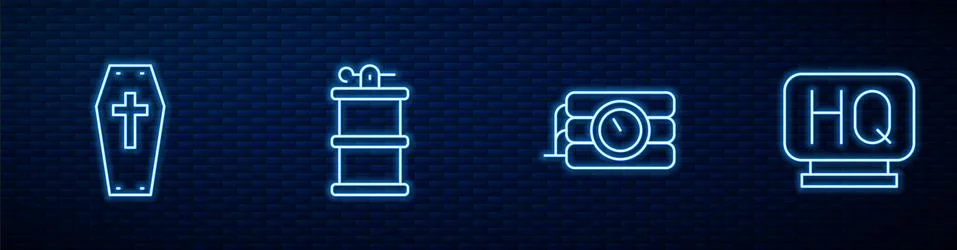 Set line Dynamite and timer clock, Coffin with cross, Hand smoke grenade and Illustrazione stock