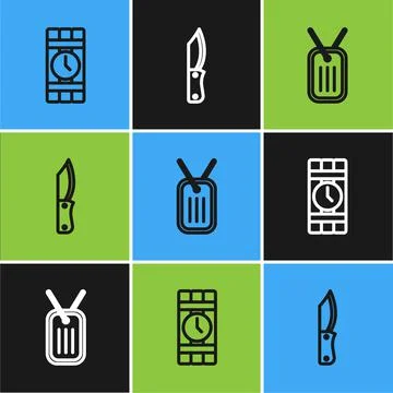 Set line Dynamite and timer clock, Military dog tag and knife icon. Vector 库存插图