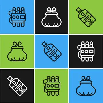Set line Dynamite and timer clock, Whiskey bottle and Wallet icon. Vector Stock Illustration