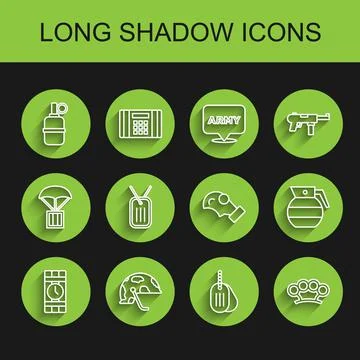 Set line Dynamite and timer clock, Military helmet, Hand grenade, dog tag, Brass Stock Illustration