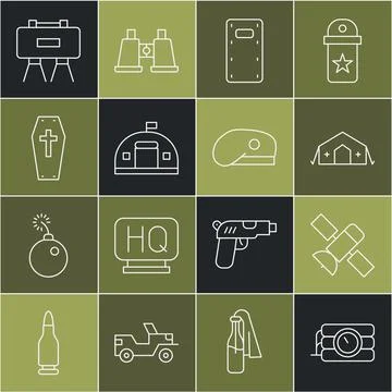 Set line Dynamite and timer clock, Satellite, Military medical tent, assault Stock Illustration