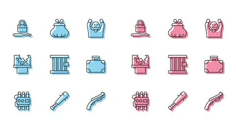 Set line Dynamite and timer clock, Baseball bat with nails, Lock picks for Illustrazione stock