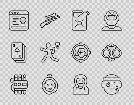 Set line Dynamite and timer clock, Bandit, Canister fuel, Murder, System bug Stock Illustration