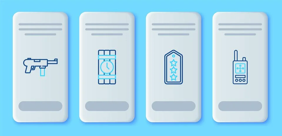 Set line Dynamite and timer clock, Military rank, Submachine gun M3 and Walkie Stock Illustration