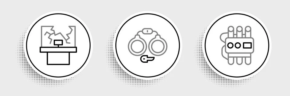 Set line Dynamite and timer clock, Broken window and Handcuffs icon. Vector Stock Illustration