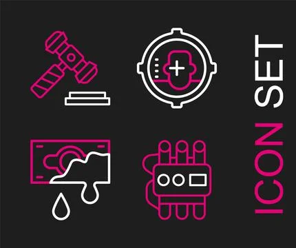 Set line Dynamite and timer clock, Bloody money, Headshot and Judge gavel icon 스톡 일러스트