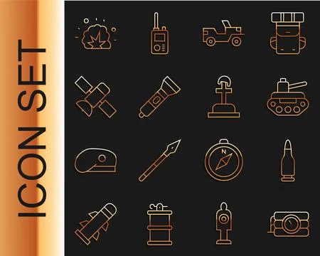 Set line Dynamite and timer clock, Bullet, Military tank, jeep, Flashlight Stock Illustration