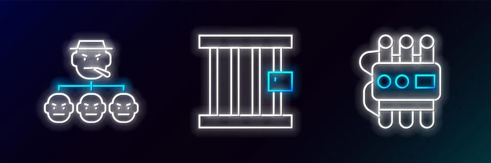 Set line Dynamite and timer clock, Mafia and Prison window icon. Glowing neon 스톡 일러스트