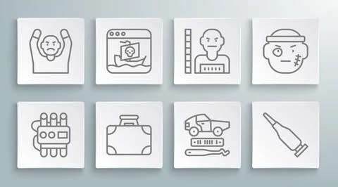 Set line Dynamite and timer clock, Internet piracy, Briefcase money, Car thef Stock Illustration