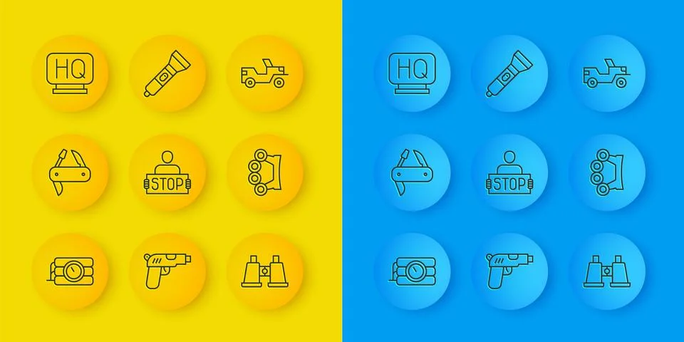 Set line Dynamite and timer clock, Swiss army knife, Stop war, Binoculars, Brass Illustrazione stock