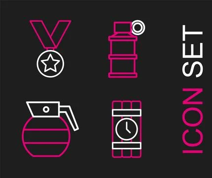 Set line Dynamite and timer clock, Hand grenade, smoke and Military reward medal Stock Illustration