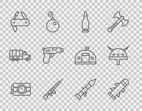 Set line Dynamite and timer clock, Rocket, Bullet, Sniper rifle with scope Stock Illustration