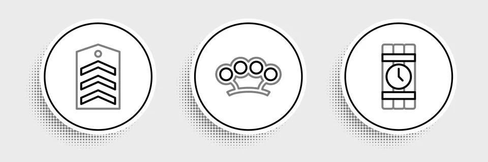 Set line Dynamite and timer clock, Chevron and Brass knuckles icon. Vector Stockillustratie