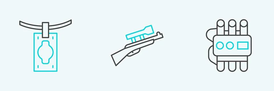 Set line Dynamite and timer clock, Money laundering and Sniper rifle with s.. Illustrazione stock