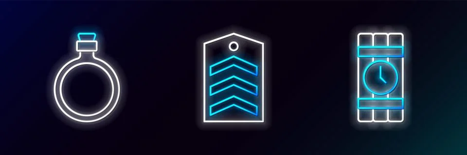 Set line Dynamite and timer clock Canteen water bottle and Chevron icon. Glow 스톡 일러스트