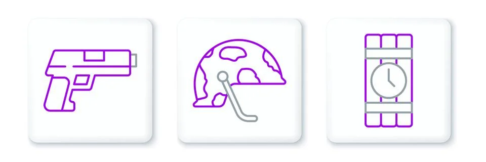 Set line Dynamite and timer clock, Pistol or gun and Military helmet icon. .. Stockillustratie