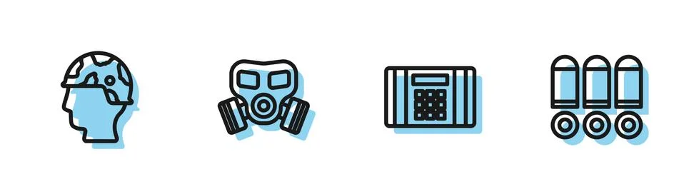 Set line Dynamite bomb, Army soldier, Gas mask and Bullet icon. Vector Stock Illustration
