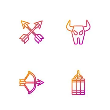 Set line Dynamite bomb, Bow and arrow in quiver, Crossed arrows and Buffalo Stock Illustration