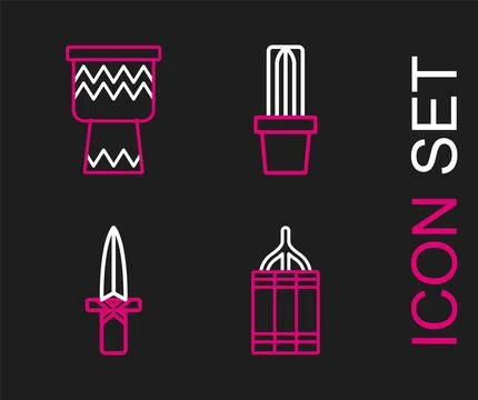 Set line Dynamite bomb, Dagger, Cactus peyote in pot and Drum icon. Vector Stock Illustration