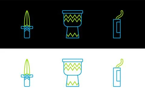 Set line Dynamite bomb, Dagger and Drum icon. Vector Stock Illustration