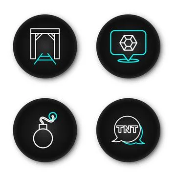 Set line Dynamite, Bomb, Gem stone and Mine entrance icon. Vector Stock Illustration