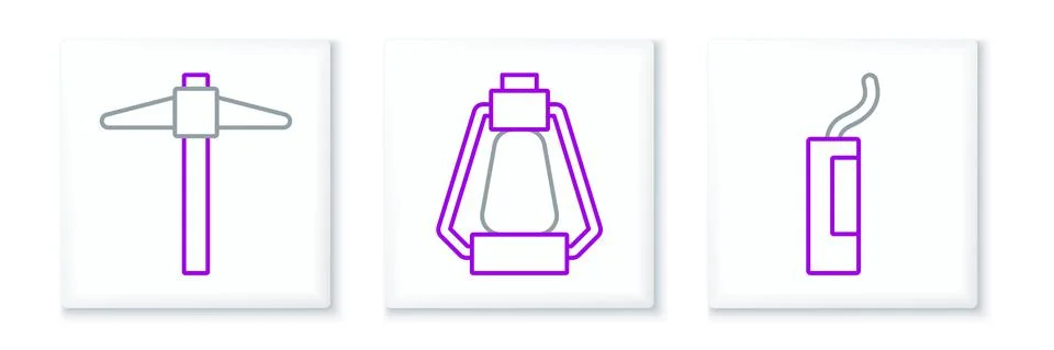 Set line Dynamite bomb, Pickaxe and Camping lantern icon. Vector Illustrazione stock