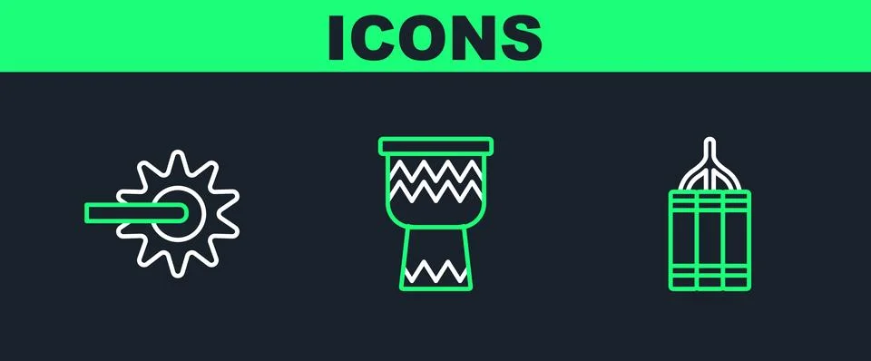 Set line Dynamite bomb, Spur and Drum icon. Vector Stock Illustration