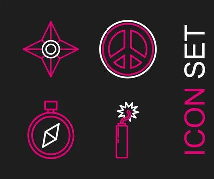 Set line Dynamite bomb stick clock, Compass, Peace and Japanese ninja shuri.. Stock Illustration