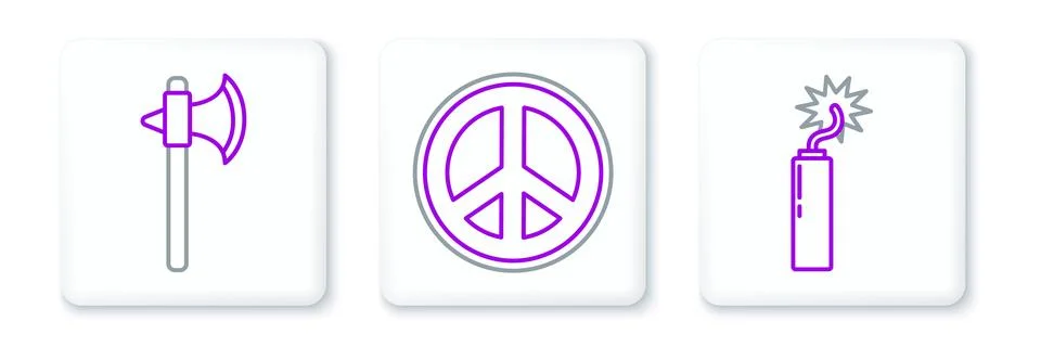 Set line Dynamite bomb stick clock, Medieval axe and Peace icon. Vector Stock Illustration