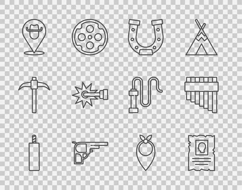 Set line Dynamite bomb, Wanted western poster, Horseshoe, Revolver gun, Location Illustration