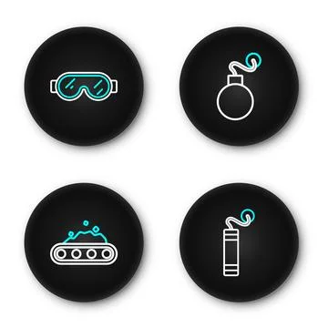 Set line Dynamite, Conveyor belt carrying coal, Bomb and Safety goggle glas.. Illustrazione stock