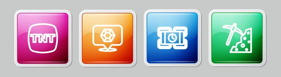 Set line Dynamite, Gem stone, and Pickaxe. Colorful square button. Vector Stock Illustration