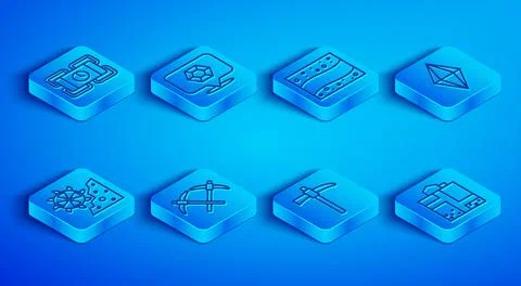 Set line Dynamite, Gem stone, Gold mine, Pickaxe, Bucket wheel excavator and  Ilustração Stock