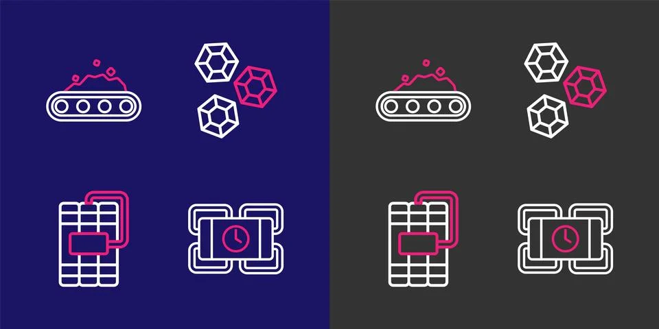 Set line Dynamite, Gem stone and Conveyor belt carrying coal icon. Vector Stockillustratie