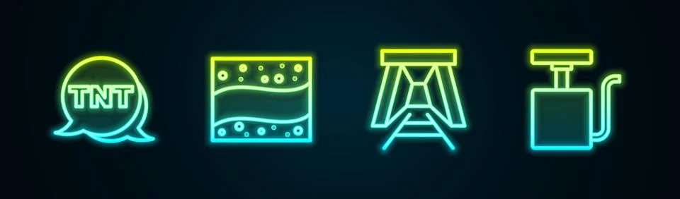 Set line Dynamite Gold mine Mine entrance and Handle detonator. Glowing neon  Stock Illustration