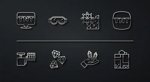 Set line Dynamite, Handle detonator, Gem stone, Safety goggle glasses, Mine.. Stock Illustration