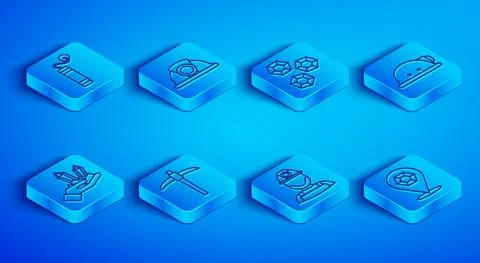 Set line Dynamite, Miner helmet, Gem stone, Pickaxe, and icon. Vector Stock Illustration