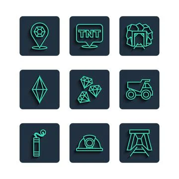 Set line Dynamite, Miner helmet, entrance, Gem stone, and Mining dump truck icon Illustrazione stock