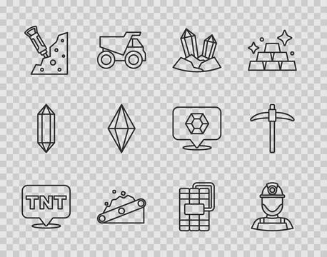 Set line Dynamite, Miner in helmet, Gem stone, Conveyor belt carrying coal Illustrazione stock
