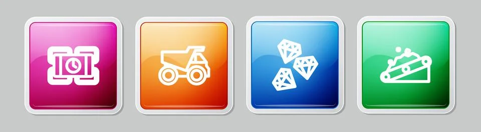 Set line Dynamite, Mining dump truck, Gem stone and Conveyor belt carrying coal Stock Illustration